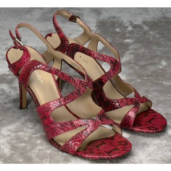 Via Spiga Mystique Red Snake Print Leather Strappy Heels Womens Size 10 - Picture 1 of 15